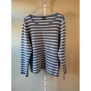 EILEEN FISHER Striped Crew Neck Sweater L/G Blue White Organic Cotton Hemp